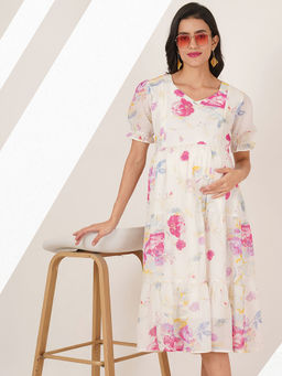 Angloindu - White Floral Printed Tiered Maternity Midi Dress