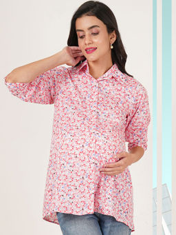 Angloindu - Pink Floral Printed Maternity Shirt