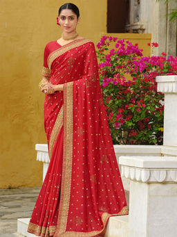 Odette - Red Vichitra Embroidered Saree with Unstitched Blouse