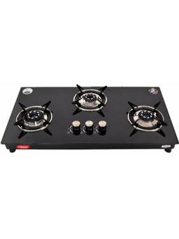 Khaitan - 3 Burner Phantom Black Automatic HobTop Toughened Glass Gas Stove, ISI Marked