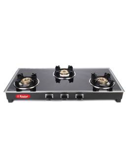Khaitan - 3 Burner Royal Black Toughened Glass Gas Stove, 3 Year Warranty (ISI Marked)