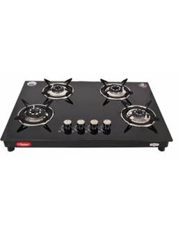 Khaitan - 4 Burner Phantom Black Automatic HobTop Toughened Glass Gas Stove, ISI Marked