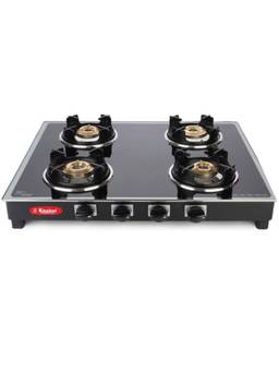 Khaitan - 4 Burner Royal Black Toughened Glass Gas Stove, 3 Year Warranty (ISI Marked)