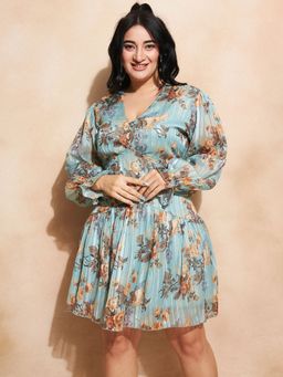 KASSUALLY - CURVE BY KASSUALLY Fit And Flare Printed V Neck Blue Dress