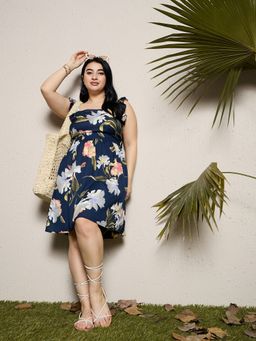 KASSUALLY - CURVE BY KASSUALLY Blue Floral Printed Ruffled Strap Dress