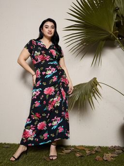 KASSUALLY - CURVE BY KASSUALLY Black Floral Printed V Neck Ruched Dress