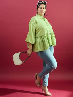 KASSUALLY - CURVE BY KASSUALLY Green Oversized Ruffled Balloon Sleeves Shirt