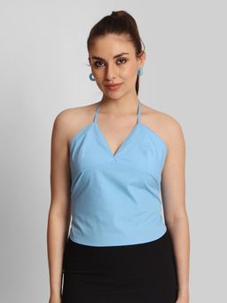 Bene Kleed - Blue Solid Slim Fit Halter Neck Top