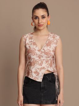 Bene Kleed - Beige Textured V-Neck Wrap Top