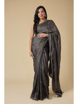 Zari Jaipur - Women Grey Silk Blend Embroidered Saree with Unstitched Blouse
