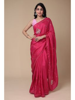 Zari Jaipur - Women Pink Silk Blend Embroidered Saree with Unstitched Blouse