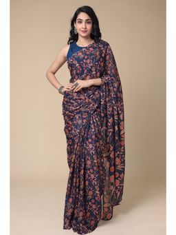 Zari Jaipur - Women Navy Blue Silk Blend Floral Printed Saree with Unstitched Blouse