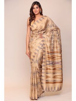 Zari Jaipur - Women Cream Silk Blend Geometric Printed Saree with Unstitched Blouse