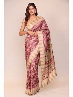 Zari Jaipur - Women Pink Silk Blend Geometric Printed Saree with Unstitched Blouse