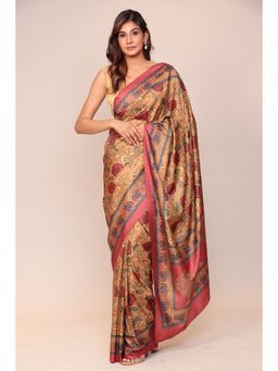 Zari Jaipur - Women Gold Silk Blend Floral Printed Saree with Unstitched Blouse