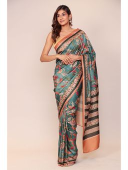 Zari Jaipur - Women Green Silk Blend Floral Printed Saree with Unstitched Blouse