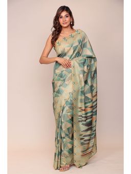 Zari Jaipur - Women Green Silk Blend Geometric Printed Saree with Unstitched Blouse
