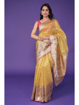 Zari Jaipur - Women Yellow Blended Fabric Floral Woven Saree with Unstitched Blouse