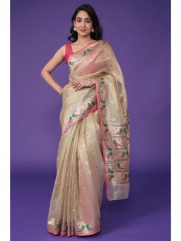 Zari Jaipur - Women Cream Blended Fabric Woven Saree with Unstitched Blouse