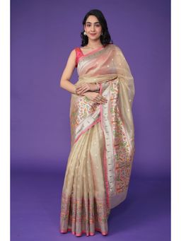 Zari Jaipur - Women Cream Blended Fabric Floral Woven Saree with Unstitched Blouse
