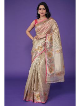 Zari Jaipur - Women Cream Blended Fabric Woven Saree with Unstitched Blouse