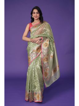 Zari Jaipur - Women Green Blended Fabric Woven Saree with Unstitched Blouse