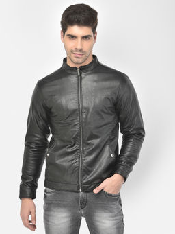 CRIMSOUNE CLUB - Mens Black Solid Pu Leather Jacket