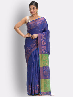 Angoshobha - Deep Blue Cotton Blended Handloom Tangail Saree with Unstitched Blouse