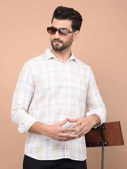 CRIMSOUNE CLUB - Mens Beige Checks Cotton Shirt