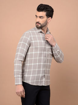 CRIMSOUNE CLUB - Mens Beige Checks Full Sleeves Shirt