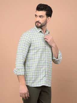 CRIMSOUNE CLUB - Mens Green Checks Cotton Casual Shirt