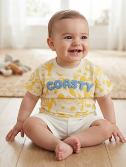 MINI KLUB - Baby Boys Off White Coastal Print Cotton Half Sleeves T-Shirt