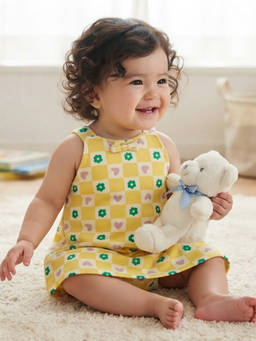 MINI KLUB - Baby Girls Yellow Checked Printed Cotton Pinny Dress