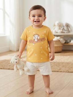 MINI KLUB - Baby Boys Yellow Baseball Print Cotton Half Sleeves T-Shirt