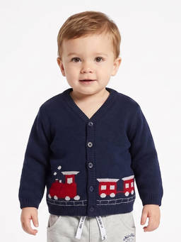 MINI KLUB - Baby Boys Navy Blue Train Intarsia Flat Knit Cardigan