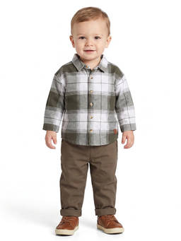MINI KLUB - Baby Boys Olive Checked Shirt & Brown Pant