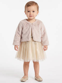 MINI KLUB - Baby Girls Cream Glitter Mesh Party Dress With Faux Fur Shrug