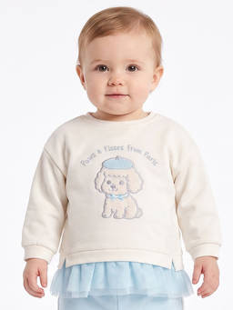 MINI KLUB - Baby Girls Off White Cotton Puppy Embroidered Peplum Sweatshirt
