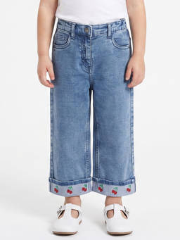 MINI KLUB - Baby Girls Blue Cherry Embroidered Cuffed Denim Jeans