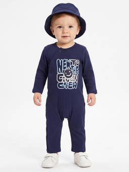 MINI KLUB - Baby Boys Navy Blue Cotton Ribbed Full Sleeves Front Open Romper