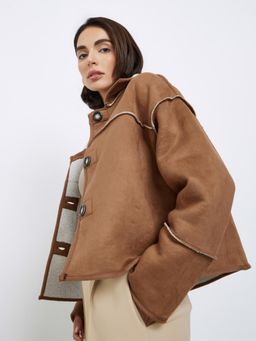 Styli - Women Boxy Fit Suede Wintercoat with Fur Trim