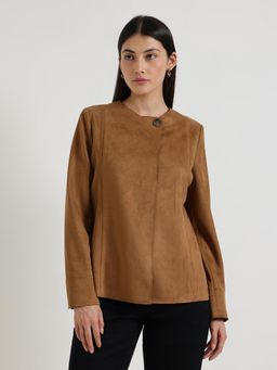 FableStreet - Suede Overlap Blazer - Tan