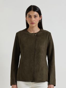 FableStreet - Suede Overlap Blazer - Olive