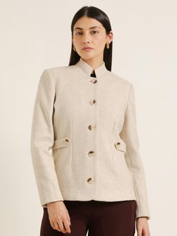 FableStreet - Mandarin Collar Blazer - Beige