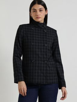 FableStreet - Double Breasted Tweed Blazer - Black