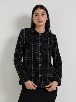 FableStreet - Checkered Short Blazer - Black