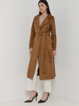 FableStreet - Suede Double Breasted Long Overcoat - Tan
