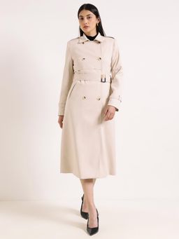FableStreet - Double-Breasted Long Trench Overcoat with Belt - Beige
