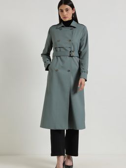 FableStreet - Double-Breasted Long Trench Overcoat with Belt - Green