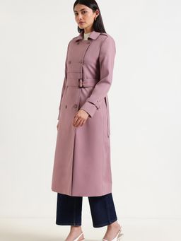 FableStreet - Double-Breasted Long Trench Overcoat with Belt - Lilac